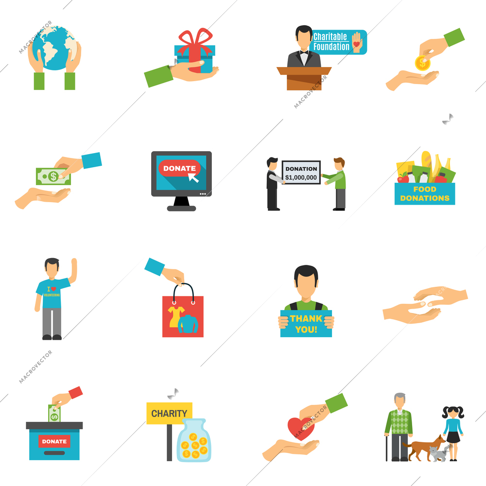 Charity icons set with volunteering symbols flat isolated vector illustration