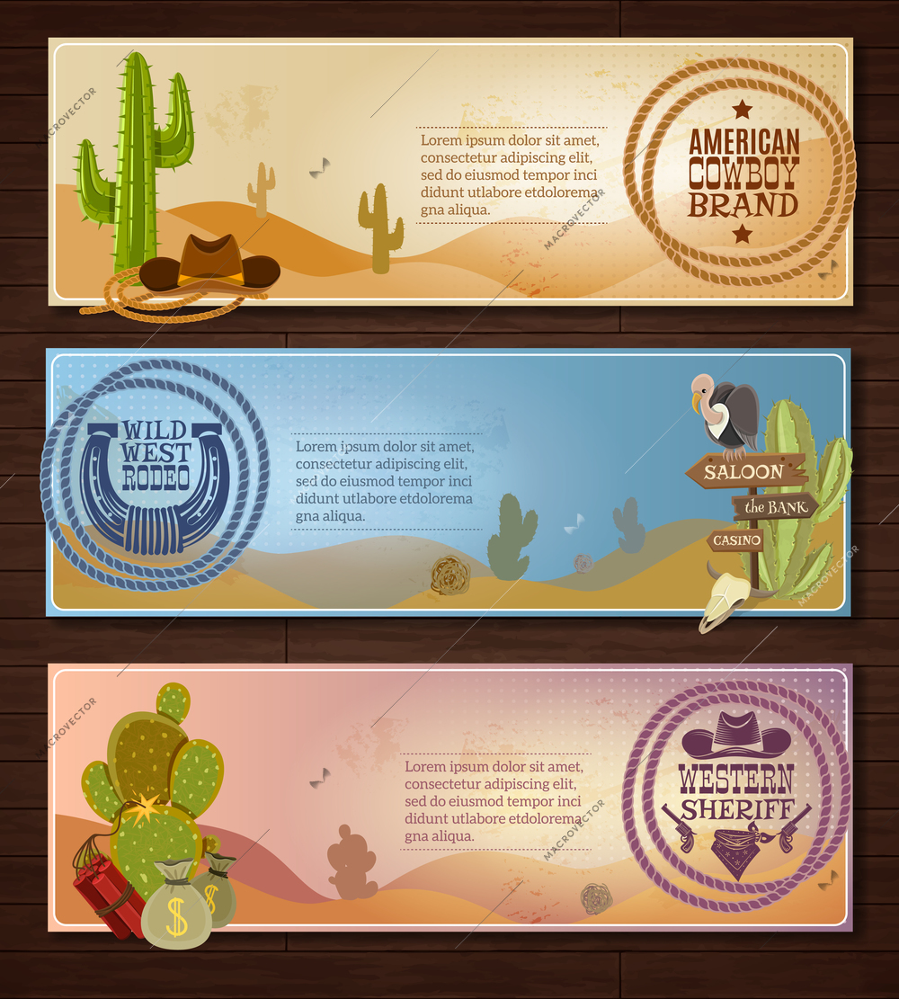 Cowboy cartoon horizontal banners set with desert rodeo and sheriff symbols on wooden background isolated vector illustration