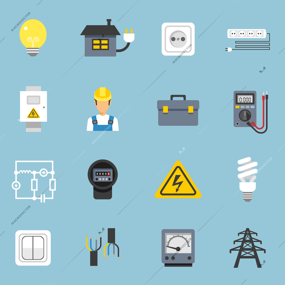 Electricity icons set with current and sockets symbols on blue background flat isolated vector illustration