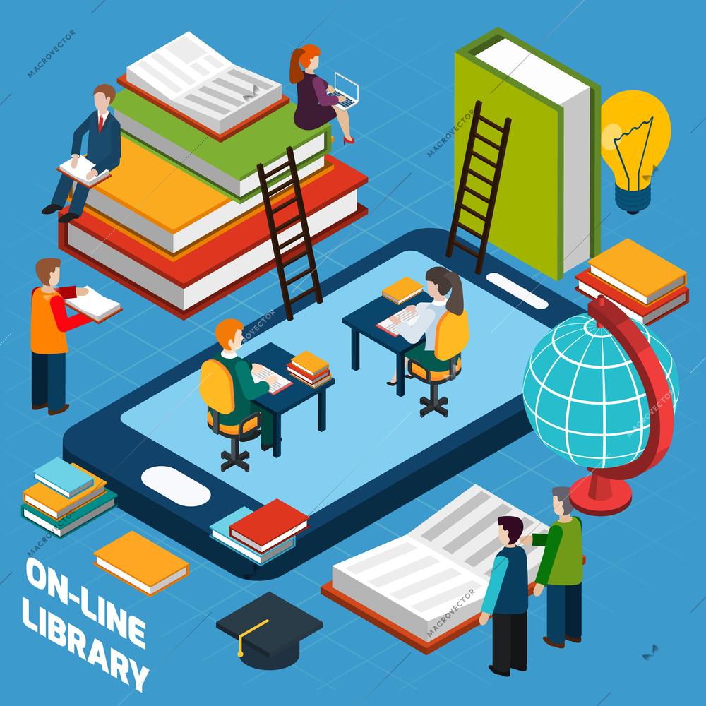 Online library isometric concept with mobile device and people reading books