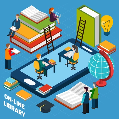 Online library isometric concept with mobile device and people reading books