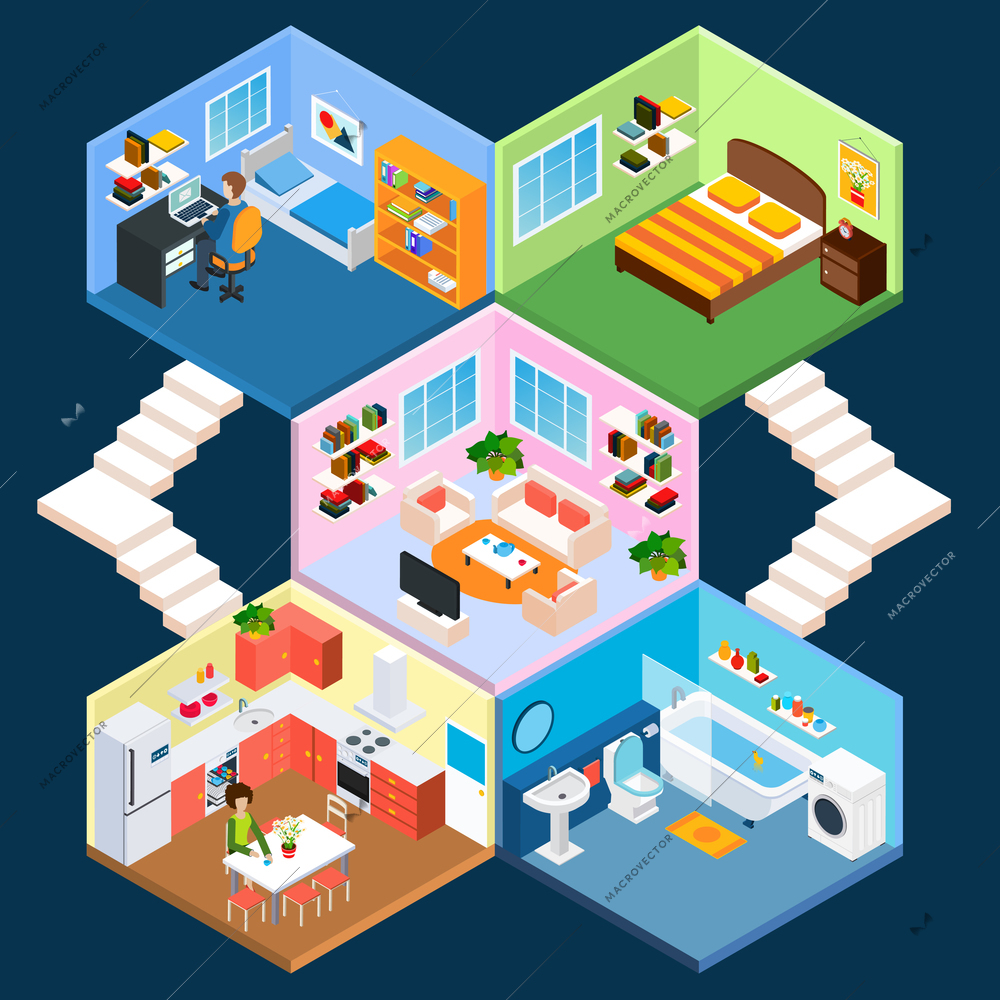Multistory isometric apartment interior with living sleeping rooms bathroom and kitchen vector illustration