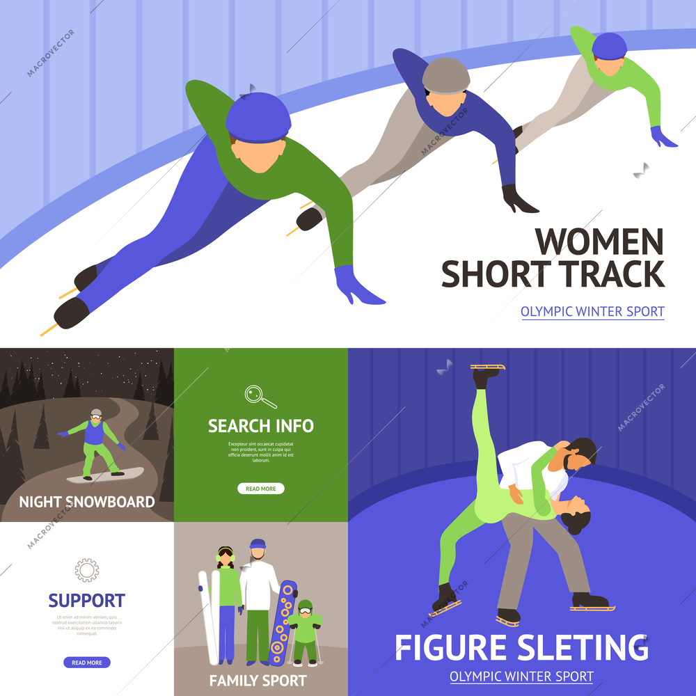 Winter sport flat icons set with short track figure skating snowboard isolated vector illustration