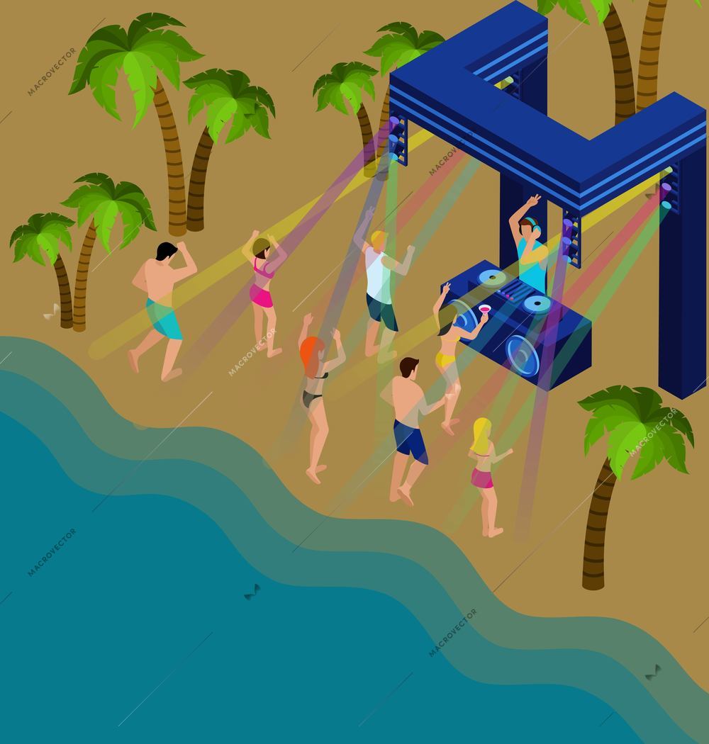 People dancing on the beach with sea and palms isometric vector illustration