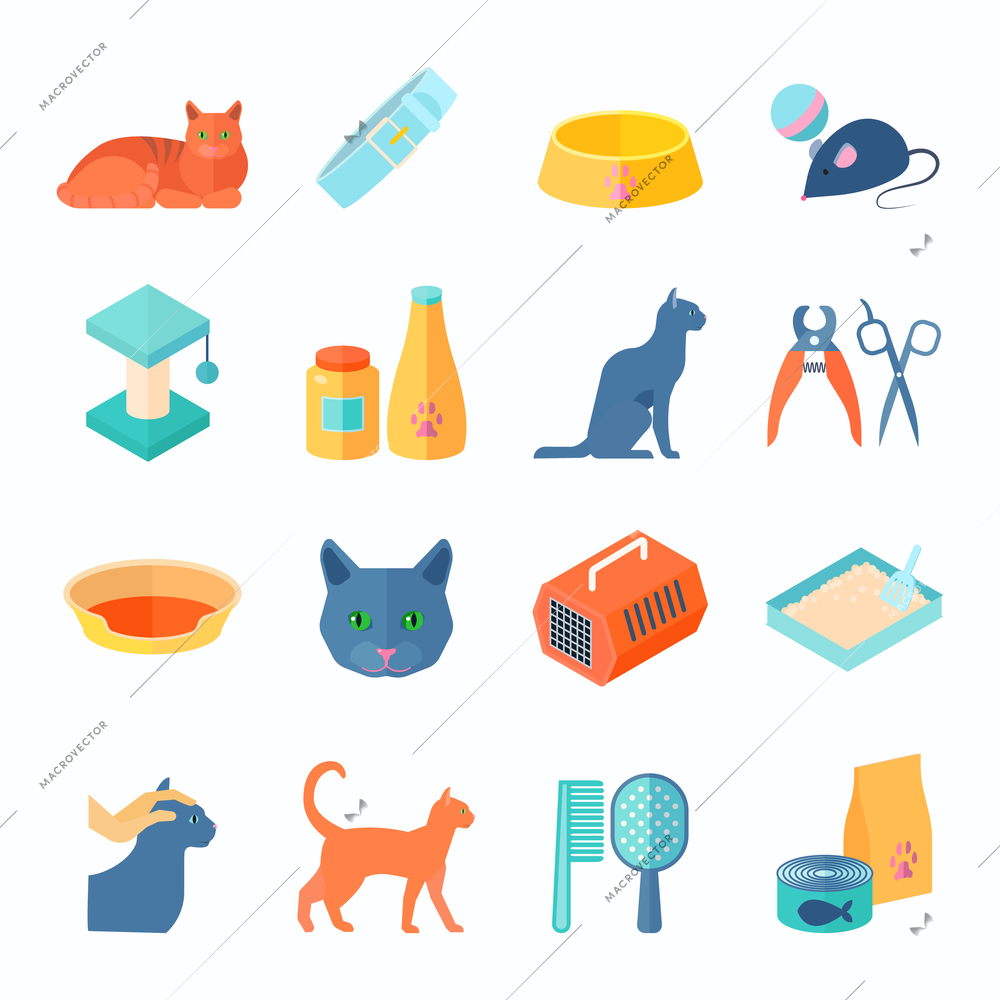 Raising healthy indoor cat flat icons set with food and care products supply abstract isolated vector illustration