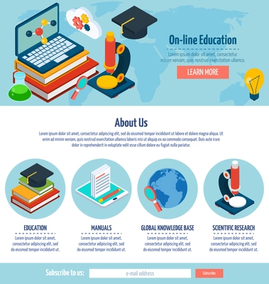 One page online education web design template with e-learning elements vector illustration