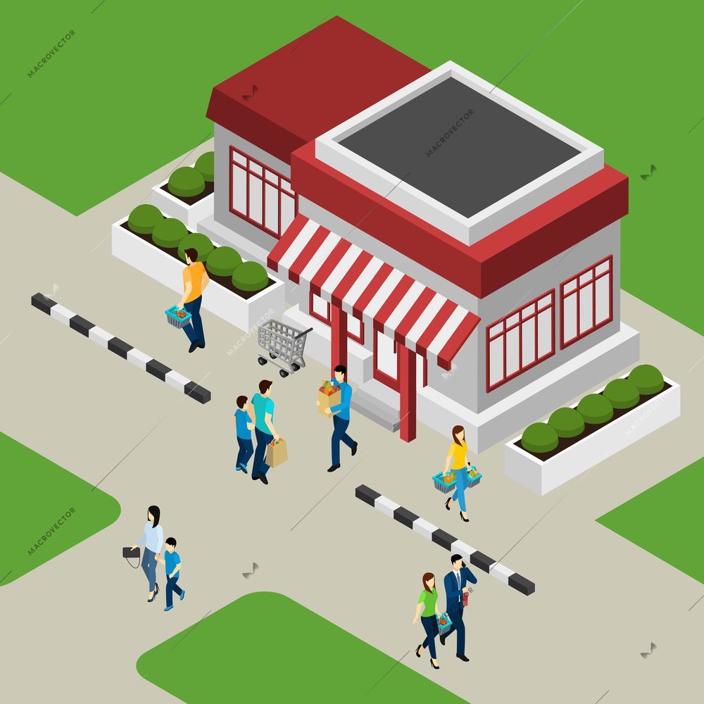 Shop building and customers with families friends and children isometric vector illustration