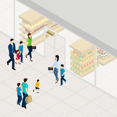 Supermarket with food drinks and other goods isometric vector illustration