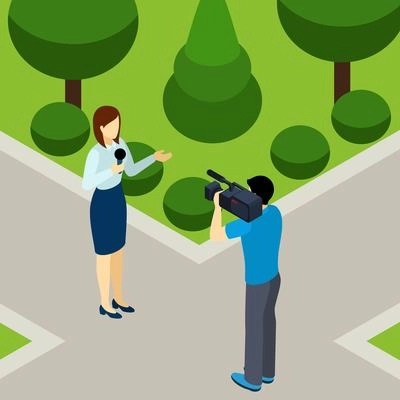 Journalist woman reporting live outdoor in the city park with professional operator isometric banner abstract vector illustration