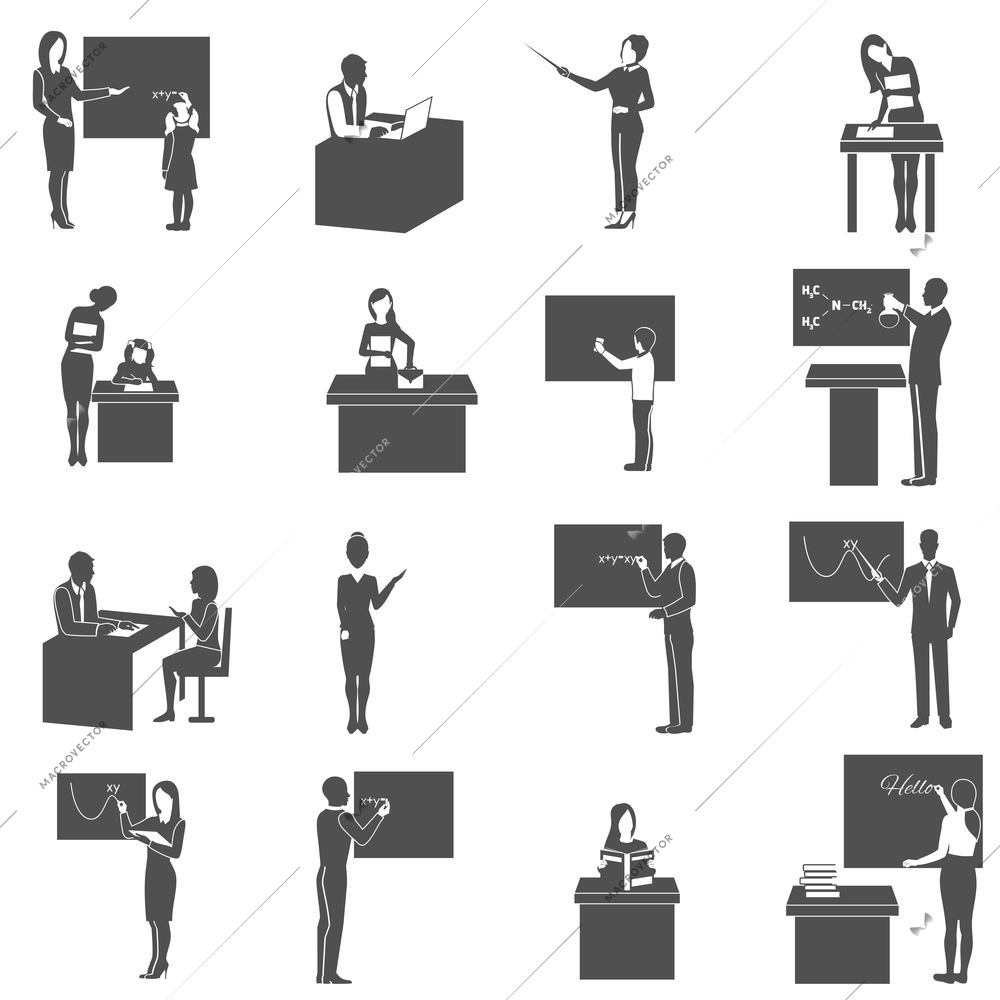 Black  icons set with  teacher explains   subject at  blackboard in class isolated vector illustration