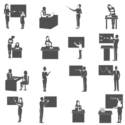 Black  icons set with  teacher explains   subject at  blackboard in class isolated vector illustration