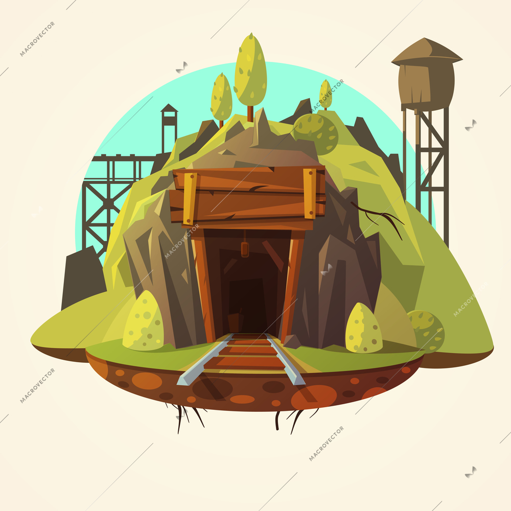 Mining concept with retro wooden mine entrance with railway cartoon vector illustration