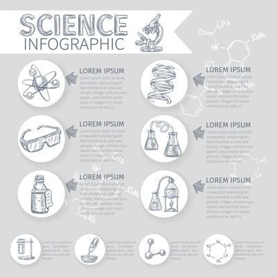 Science sketch infographic set with chemical and school symbols vector illustration