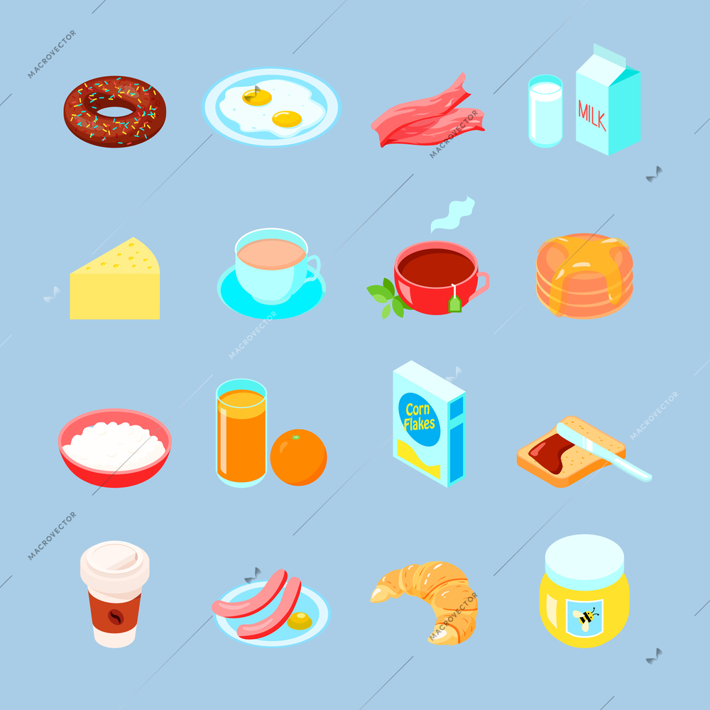 Breakfast food and drinks colorful flat icon set with  coffee  tea eggs vector illustration