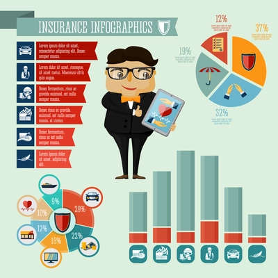 Businessman hipster boy insurance company agent infographic presentation design elements with icons charts and graphs vector illustration