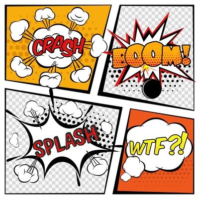 Comic cartoons book page with boom and explosion signs set vector illustration