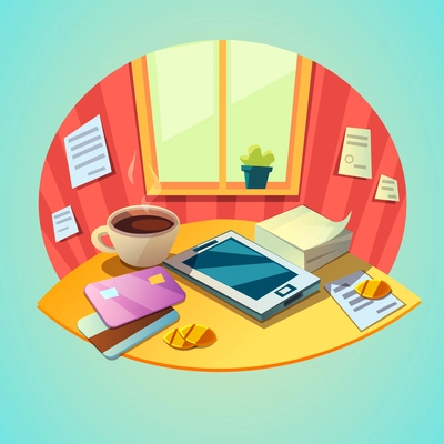 Business workplace concept with tablet and office items in retro cartoon style vector illustration