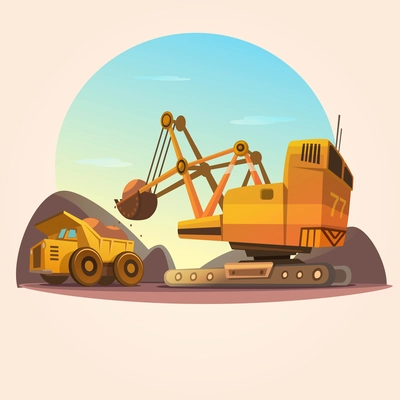 Mining concept with heavy industry machines and coal truck retro cartoon style vector illustration