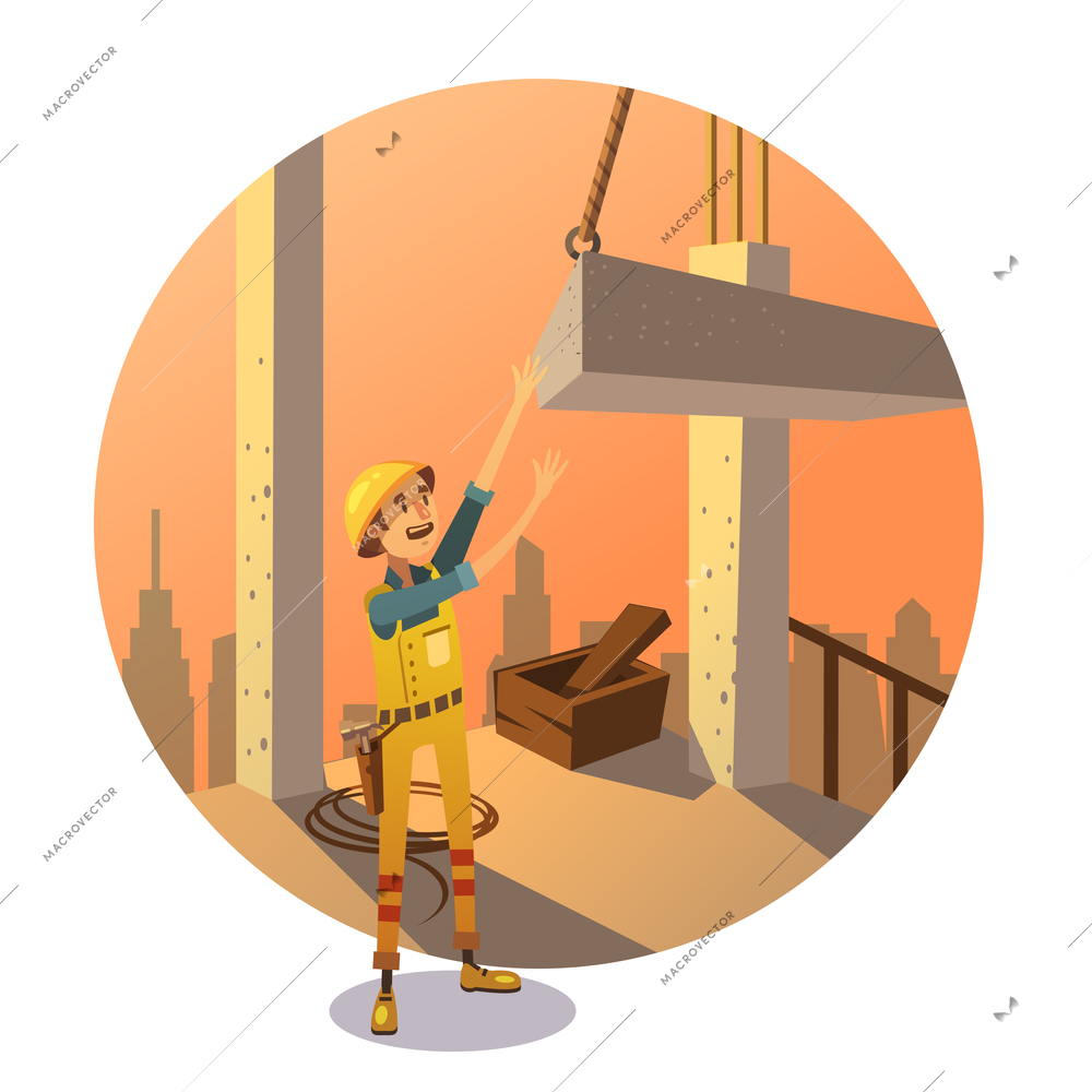 Construction concept with labor worker putting concrete bay on building retro stylr vector illustration