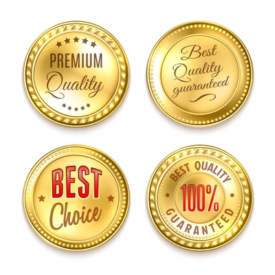 Best choice quality premium 4 round golden labels collection realistic isolated vector illustration