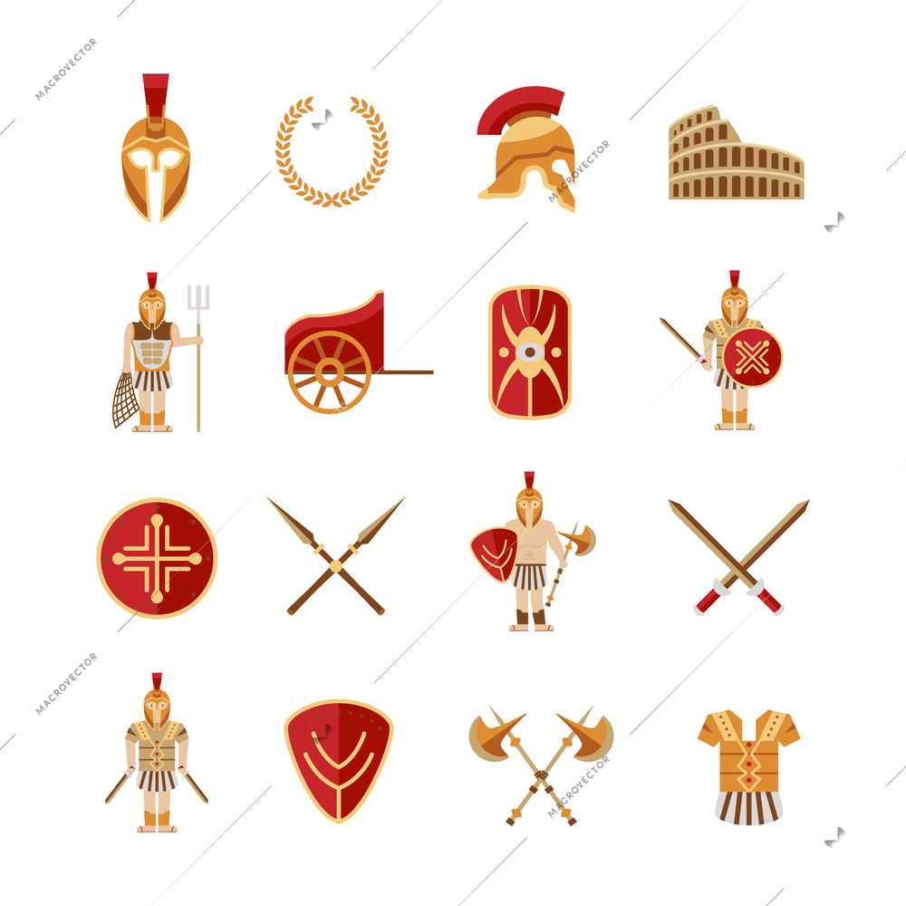 Gladiator and greek antiquity warriors icons set isolated vector illustration