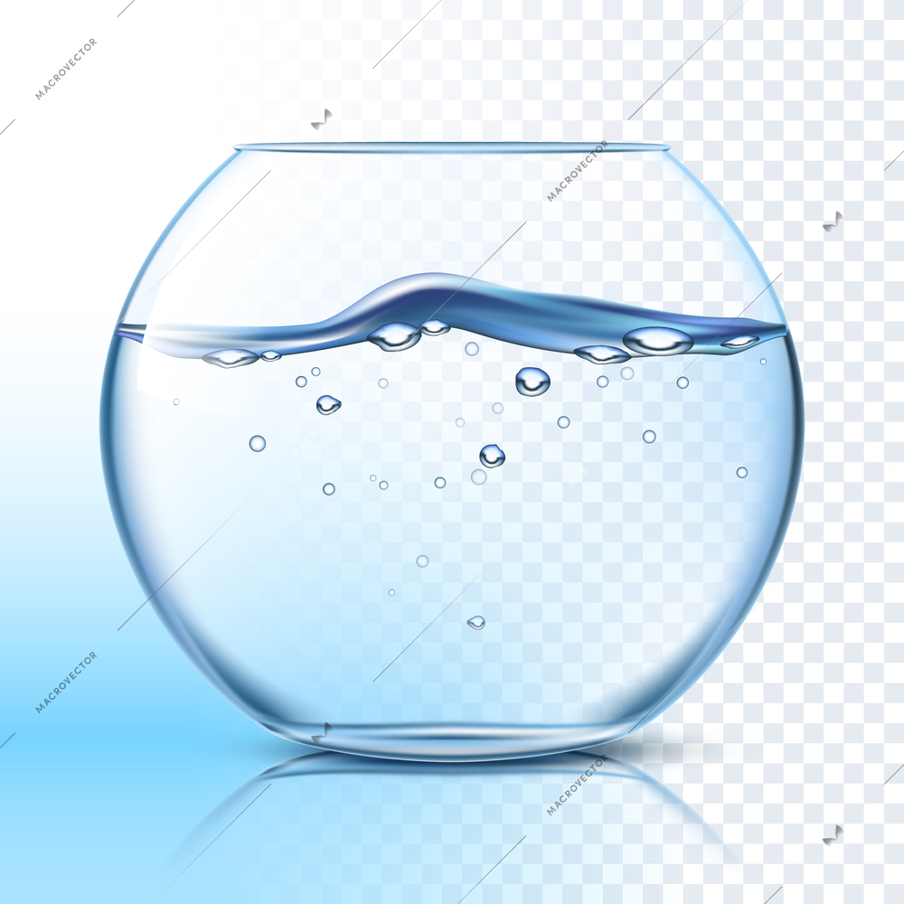 Round glass fishbowl with clean water wavy surface against grey checkered background and blue background vector illustration