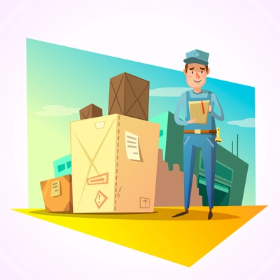 Warehouse concept with delivery worker and shipping boxes vector illustration