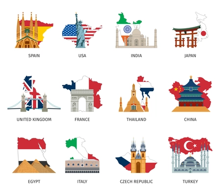 Greatest landmarks in the world with state flags and national colors flat pictograms collection abstract isolated vector illustration