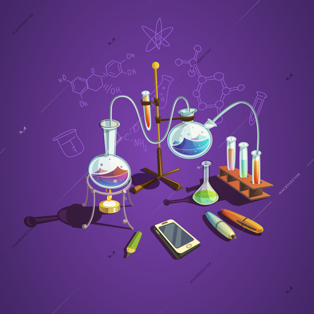 Chemistry science concept with retro cartoon scientific lab items vector illustration