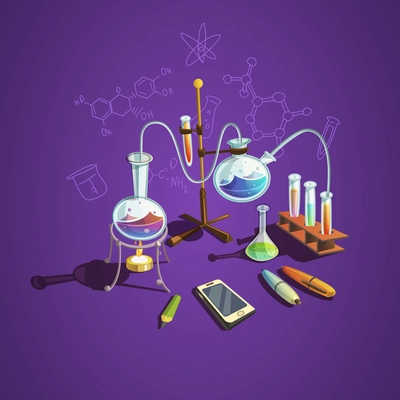 Chemistry science concept with retro cartoon scientific lab items vector illustration