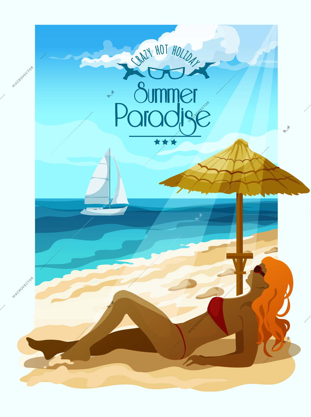 Seascape poster with woman on beach sand and sailing boat on background vector illustration