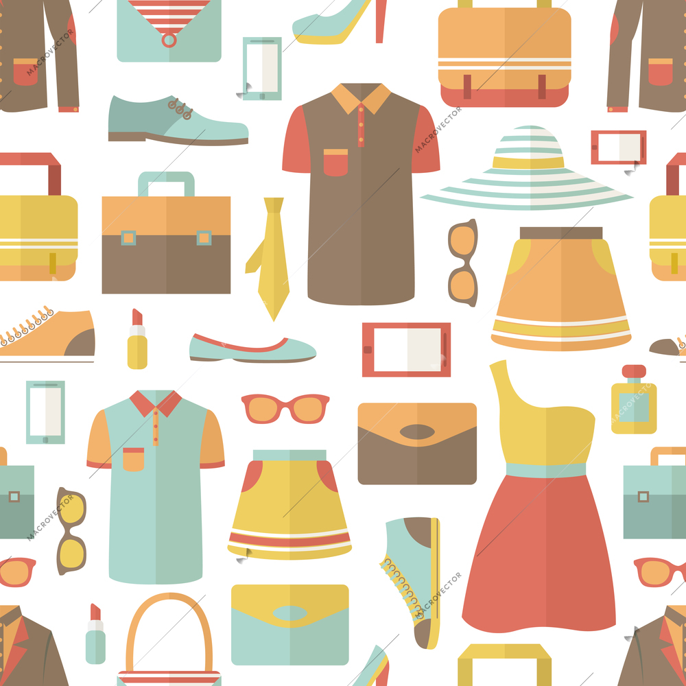 Male and female clothes footwear bags and accessories shopping seamless pattern vector illustration