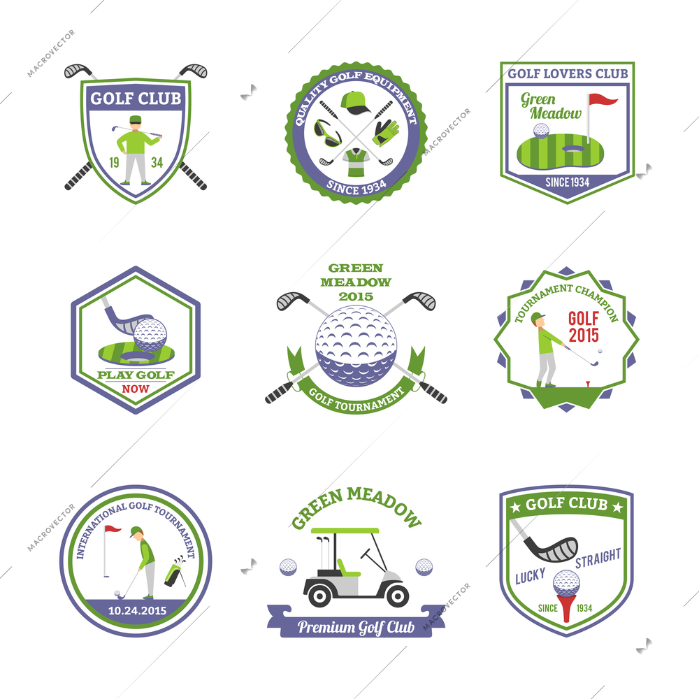 Golf emblems set with international tournament and quality equipment symbols flat isolated vector illustration