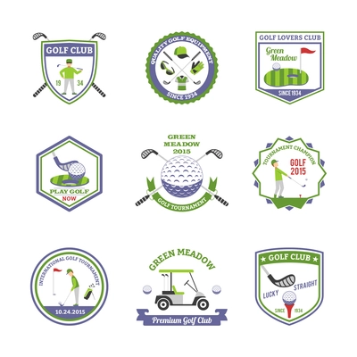 Golf emblems set with international tournament and quality equipment symbols flat isolated vector illustration