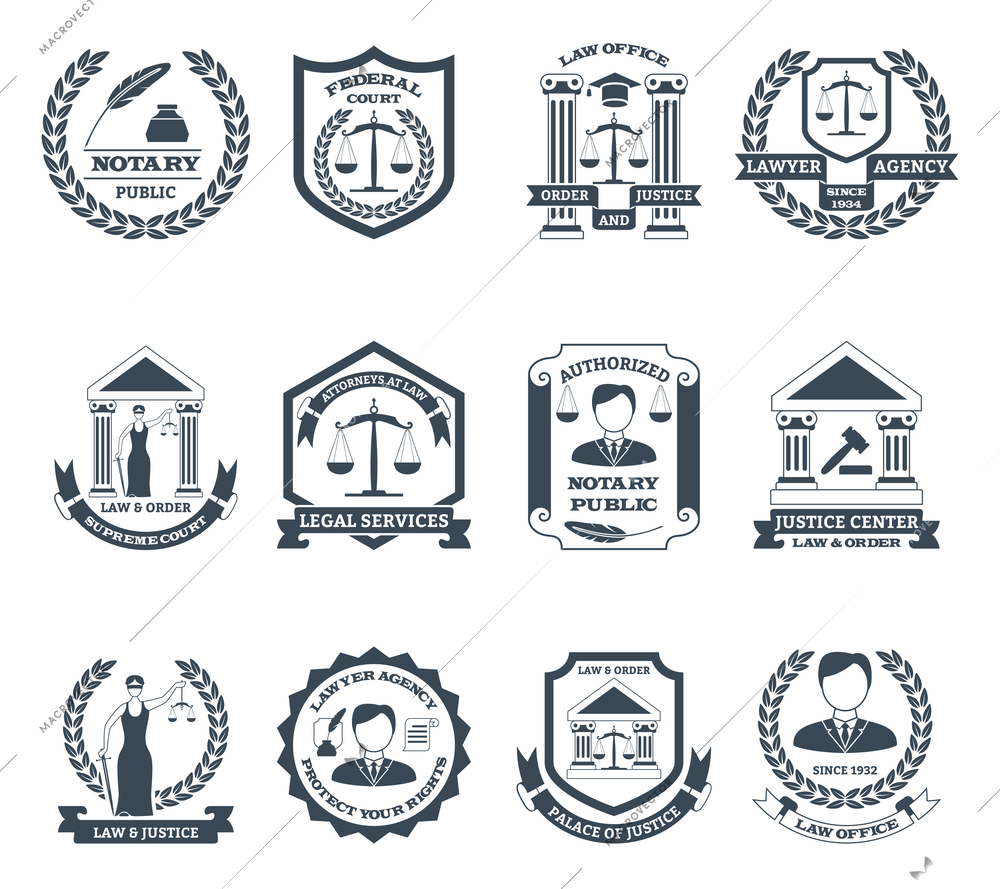 Lawyer black white logo set with notary public and law office symbols flat isolated vector illustration