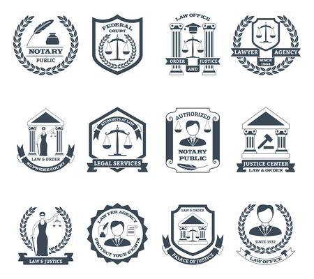 Lawyer black white logo set with notary public and law office symbols flat isolated vector illustration