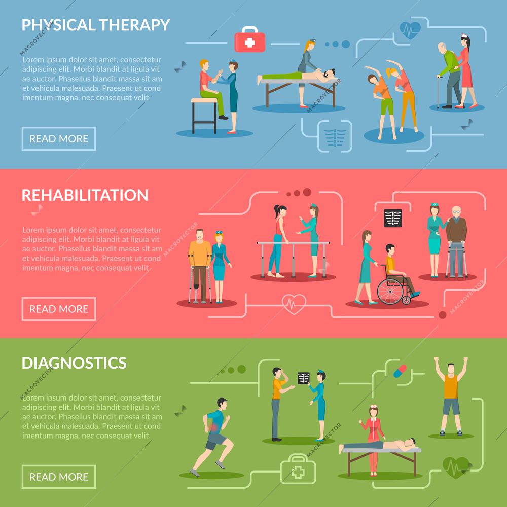 Physiotherapy horizontal banners set of diagnostics and rehabilitation center with medical staff patient and equipment flat vector illustration