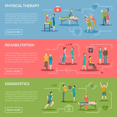 Physiotherapy horizontal banners set of diagnostics and rehabilitation center with medical staff patient and equipment flat vector illustration