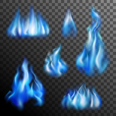 Realistic burning blue fire transparent set isolated vector illustration