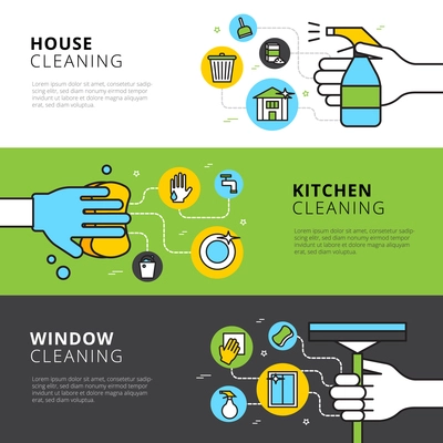 Cleaning flat horizontal banners with hands detergents and tools for house kitchen and window cleaning vector illustration