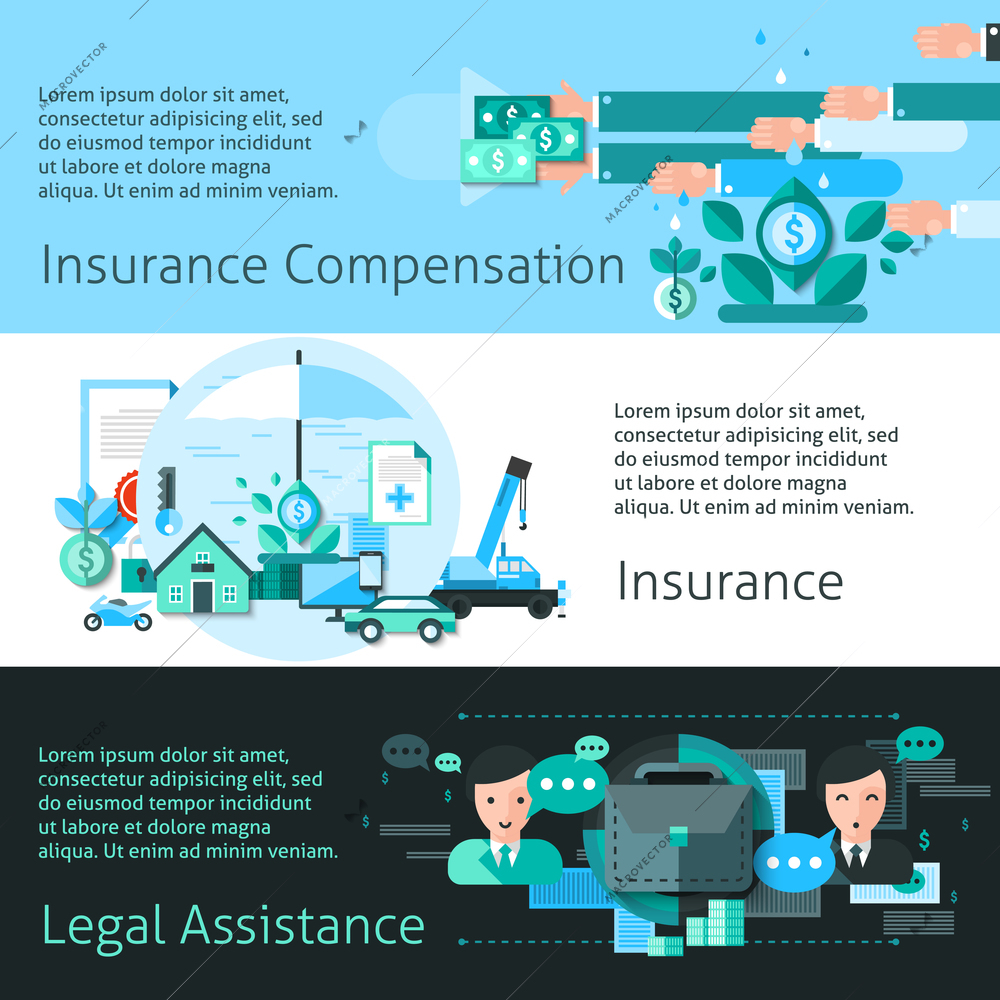 Insurance and risk horizontal banners set with compensation symbols flat isolated vector illustration