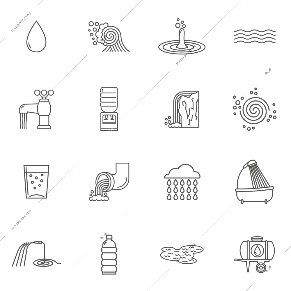 Water icons line set with faucet shower and plastic bottle isolated vector illustration