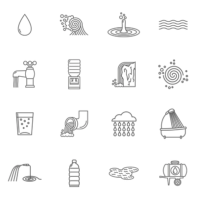 Water icons line set with faucet shower and plastic bottle isolated vector illustration