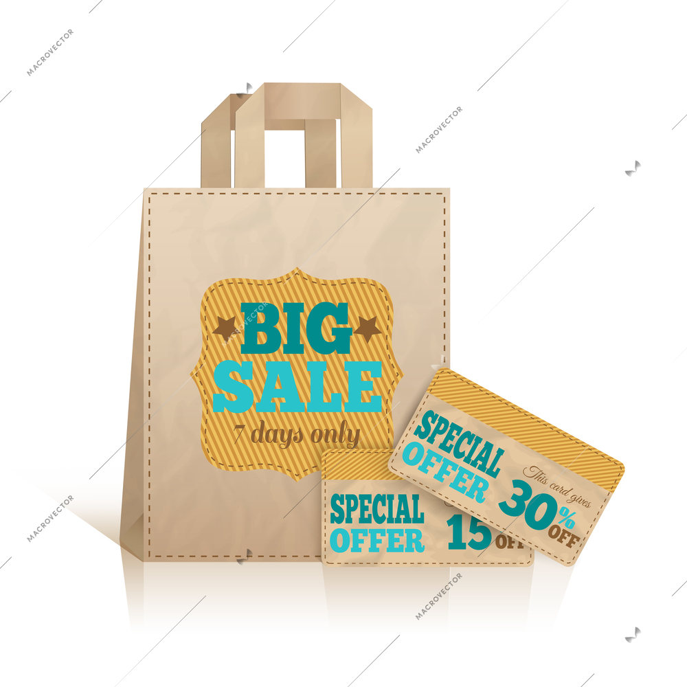 Big carry paper sale shopping bag with price badge and offer cards concept isolated vector illustration