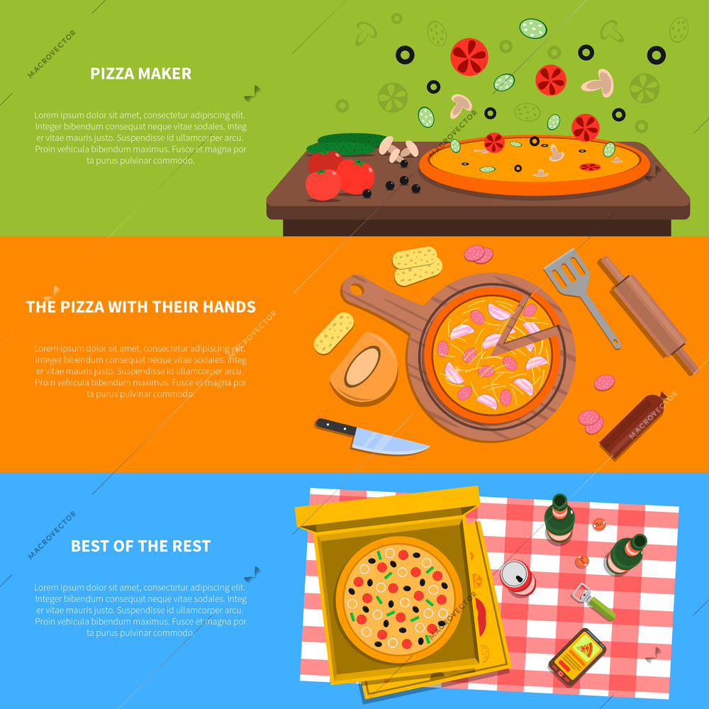 Pizza horizontal banner set with cooking process and ingredients flat elements isolated vector illustration