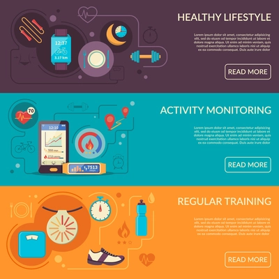 Fitness tracker flat horizontal banners with modern wearable technology for activity monitoring  vector illustration