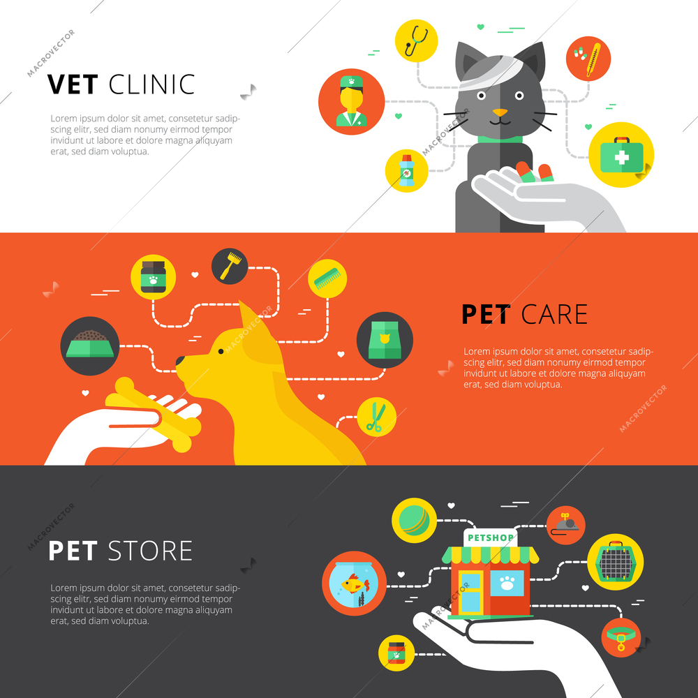 Veterinary horizontal banners set with vet clinic pet care and pet store flat vector illustration