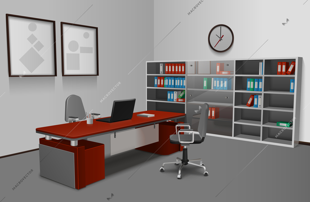 Realistic office interior with 3d work desk bookshelf and picture frames on wall vector illustration