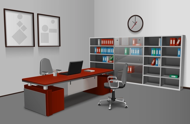 Realistic office interior with 3d work desk bookshelf and picture frames on wall vector illustration