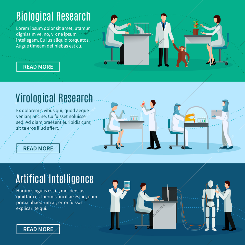 Science horizontal banners set with scientists making biological virological and artificial intelligence researchs  flat vector illustration
